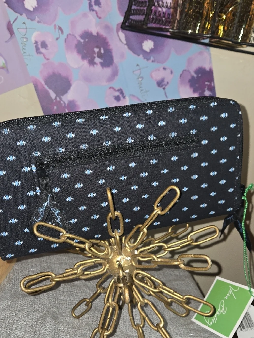 Vera Bradley Black and Blue Patterned Travel Organizer with Gold Chain Detail - Picture 12 of 13